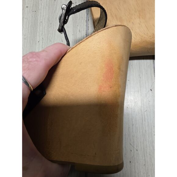 Sam Edelman CAMILLA Black Leather Sandals Wood Wedge Sling Heel Platform Read 9 - Picture 3 of 9